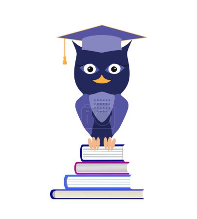 Wise owl in graduation cap sitting on a pile of books. Owl cartoon character in master hat. Back to school jpeg illustration.