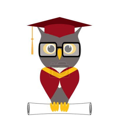 Hibou sage dans des lunettes, dans un chapeau diplômé, places universitaires ou casquettes d'étudiant détient un certificat, rouleau de papier, document de défilement, diplôme en pattes. Caractère hiboux. Jpeg !.