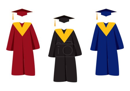 Graduate hats, academic squares or student caps and mantles in different colors. Set of flat isolated graduation ceremonial clothing on white. Jpeg illustration.