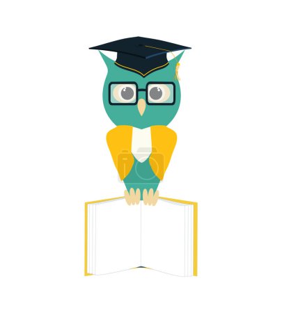 Weise Eule mit Brille, Doktorhut hält ein aufgeschlagenes Buch in den Pfoten. Eulenfigur in Mastermütze flach jpeg illustration.