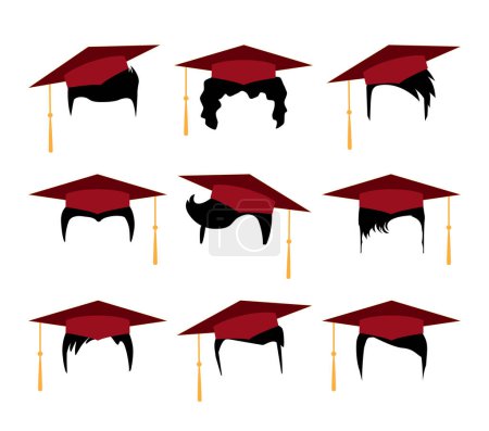 Foto de Conjunto de siluetas de pelo negro con gorras de graduación rojas. Jpeg cortes de pelo modernos con gorras de estudiante de educación para hombres o mujeres, aislados en blanco. - Imagen libre de derechos