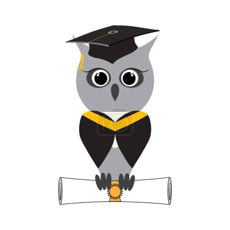 Owl in a graduate hat, master cap holds a graduate certificate, paper roll, scroll document, diploma in paws. Jpeg owl character in professors or teachers mortar.