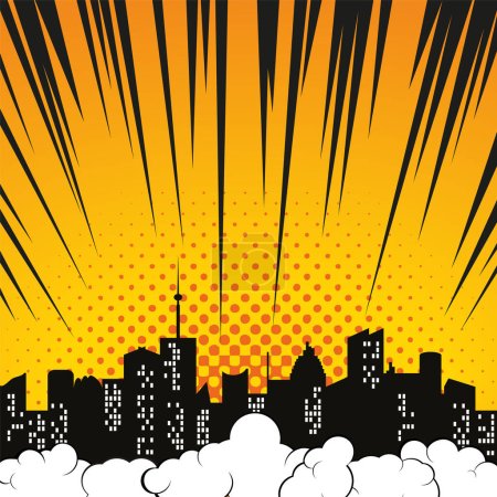 Comic-Hintergrund mit Silhouette Skyline Wolke und geplatzten Strahlen. Vektor Pop Art Illustration.