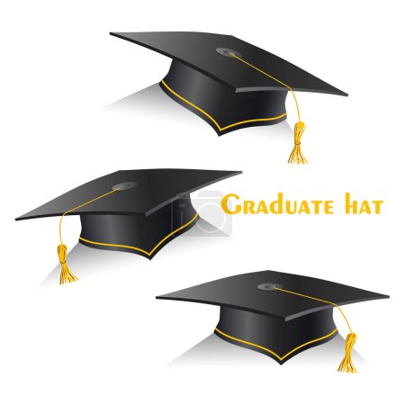 Téléchargez les photos : Chapeau de graduation noir avec des éléments dorés dans différentes positions. Casquettes d'étudiant en éducation pour la cérémonie. Vecteur isolé symbole de célébration. - en image libre de droit