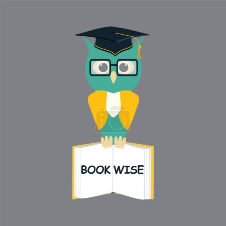 Illustration for Wise owl in glasses, graduate hat holds an open book in his paws. Vector owl character in master cap flat illustration. - Royalty Free Image