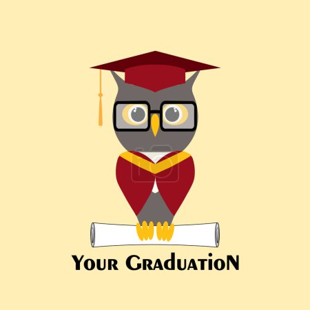 Illustration for Wise owl in glasses, in a graduate hats, academic squares or student caps holds a certificate, paper roll, scroll document, diploma in paws. Vector owl character - Royalty Free Image
