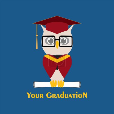 Illustration for Owl in a graduate hat, master cap holds a graduate certificate, paper roll, scroll document, diploma in paws. Vector owl character in professors or teachers mortar. - Royalty Free Image