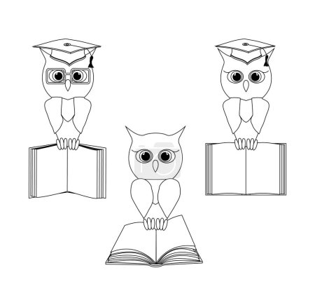 Illustration for Sketch owls set in a graduate hat holds an open empty book in his paws. Vector outline owl character in black line flat style illustration. - Royalty Free Image