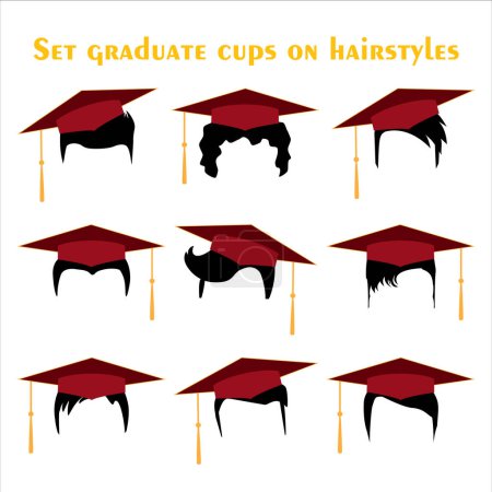 Téléchargez les photos : Ensemble de silhouettes de cheveux noirs avec casquettes de graduation rouges. Coupes de cheveux vectorielles modernes avec casquettes pour étudiants en éducation pour hommes ou femmes, isolées sur fond blanc. - en image libre de droit