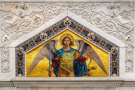 Photo for Mosaic of the Archangel Michael on the northern entrance of the Church of Saint Spyridon, Trieste, Italy - Royalty Free Image