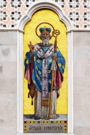 Photo for Mosaic of Saint Gregory on the northern entrance of the Church of Saint Spyridon, Trieste, Italy - Royalty Free Image