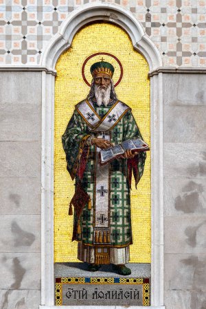 Photo for Mosaic of Saint Athanasius on the northern entrance of the Church of Saint Spyridon, Trieste, Italy - Royalty Free Image