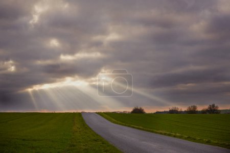Photo for Landscape with a road cutting through, On each side there is green fields. The grey skys are separated by the sun. - Royalty Free Image