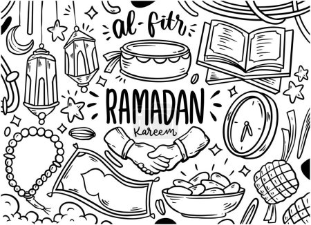 Téléchargez les illustrations : Ensemble d'éléments vectoriels doodle célébrer Ramadan Kareem. - en licence libre de droit