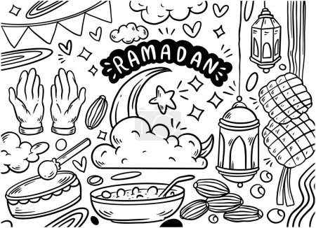 Téléchargez les illustrations : Ensemble d'éléments vectoriels doodle célébrer Ramadan Kareem. Ensemble de symboles et d'icônes dessinés à la main pour la sainte fête musulmane Ramadan. - en licence libre de droit