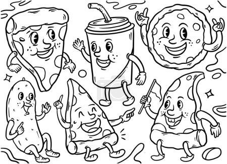 Téléchargez les illustrations : Ensemble de hamburger et pizza, saucisse dans un style de dessin animé rétro illustration de ligne d'art, collection d'art vectoriel de caractères vintage - en licence libre de droit