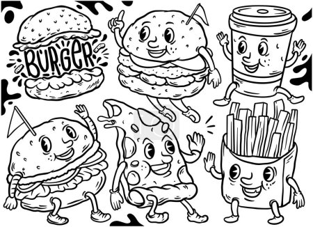 Téléchargez les illustrations : Ensemble de burger et pizza, frites rétro dessin animé style ligne illustration, collection d'art vectoriel de caractère vintage - en licence libre de droit