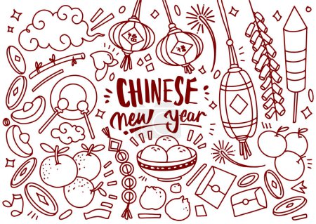 Téléchargez les illustrations : Ensemble de doodle Nouvel An chinois isolé sur fond blanc - en licence libre de droit