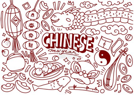 Téléchargez les illustrations : Ensemble de doodle Nouvel An chinois isolé sur fond blanc - en licence libre de droit