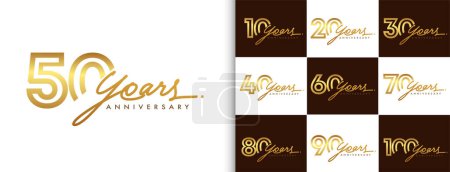 Illustration for Set of anniversary logotype design with handwriting golden color for celebration event, wedding, greeting card, and invitation. Vector illustration. - Royalty Free Image