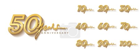 Ilustración de Conjunto de diseño de logotipo de aniversario con escritura a mano de color dorado para el evento de celebración, boda, tarjeta de felicitación e invitación. Ilustración vectorial. - Imagen libre de derechos