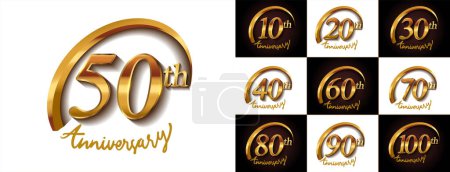 Illustration for Set of anniversary logotype design with golden ring and handwriting golden color for celebration event, wedding, greeting card, and invitation. Vector illustration. - Royalty Free Image