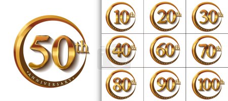 Set von Jubiläums-Logotypen mit goldenem Ring und goldener Handschrift für Feier, Hochzeit, Grußkarte und Einladung. Vektorillustration.