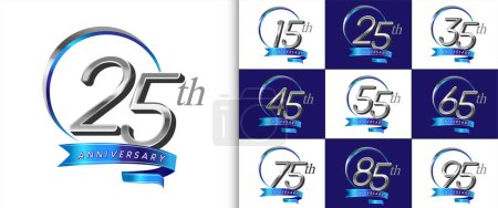 Ilustración de Conjunto de logotipo de aniversario color plata con anillo de plata y cinta azul para el evento de celebración, boda, tarjeta de felicitación e invitación - Imagen libre de derechos