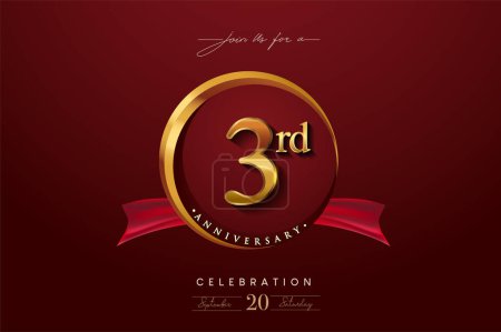 Illustration for 3rd Anniversary Logo With Golden Ring And Red Ribbon Isolated on Elegant Background, Birthday Invitation Design And Greeting Card - Royalty Free Image
