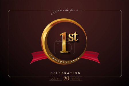 Illustration for 1st Anniversary Logo With Golden Ring And Red Ribbon Isolated on Elegant Background, Birthday Invitation Design And Greeting Card - Royalty Free Image
