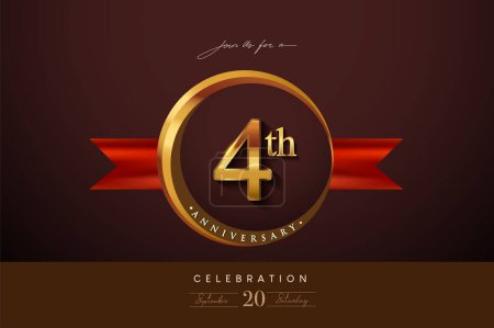Téléchargez les illustrations : Logo du 4e anniversaire avec anneau d'or et ruban rouge isolés sur fond élégant, conception d'invitation d'anniversaire et carte de vœux - en licence libre de droit