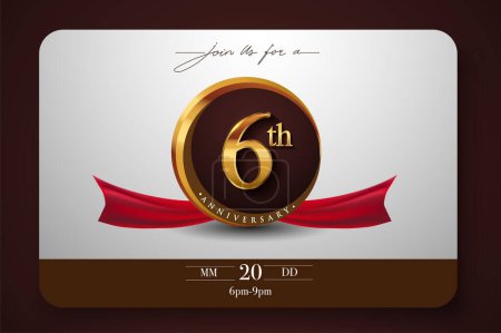 Illustration for 6th Anniversary Logo With Golden Ring And Red Ribbon Isolated on Elegant Background, Birthday Invitation Design And Greeting Card - Royalty Free Image
