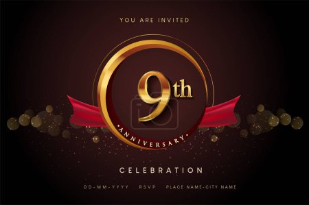 Illustration for 9th Anniversary Logo With Golden Ring And Red Ribbon Isolated on Elegant Background, Birthday Invitation Design And Greeting Card - Royalty Free Image