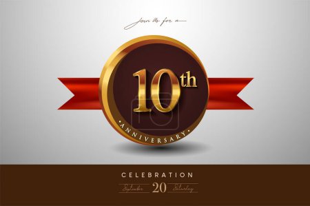Téléchargez les illustrations : Logo du 10e anniversaire avec anneau d'or et ruban rouge isolés sur fond élégant, conception d'invitation d'anniversaire et carte de vœux - en licence libre de droit