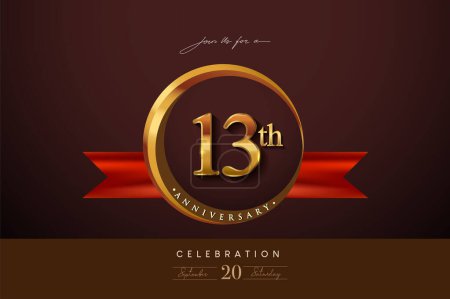 Illustration for 13th Anniversary Logo With Golden Ring And Red Ribbon Isolated on Elegant Background, Birthday Invitation Design And Greeting Card - Royalty Free Image