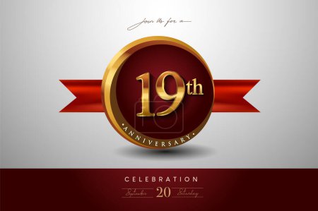 Illustration for 19th Anniversary Logo With Golden Ring And Red Ribbon Isolated on Elegant Background, Birthday Invitation Design And Greeting Card - Royalty Free Image