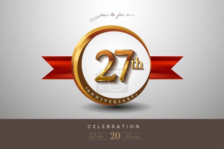 Illustration for 27th Anniversary Logo With Golden Ring And Red Ribbon Isolated on Elegant Background, Birthday Invitation Design And Greeting Card - Royalty Free Image