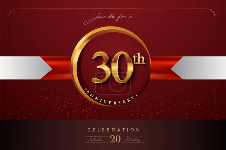 Téléchargez les illustrations : Logo du 30e anniversaire avec anneau d'or et ruban rouge isolés sur fond élégant, conception d'invitation d'anniversaire et carte de vœux - en licence libre de droit