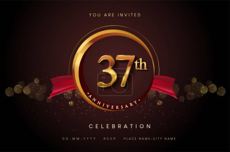 Téléchargez les illustrations : Logo du 37e anniversaire avec anneau d'or et ruban rouge isolés sur fond élégant, conception d'invitation d'anniversaire et carte de vœux - en licence libre de droit