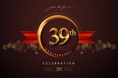 39th Anniversary Logo With Golden Ring And Red Ribbon Isolated on Elegant Background, Birthday Invitation Design And Greeting Card