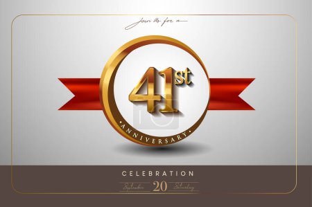 Téléchargez les illustrations : Logo du 41e anniversaire avec anneau d'or et ruban rouge isolés sur fond élégant, conception d'invitation d'anniversaire et carte de vœux - en licence libre de droit