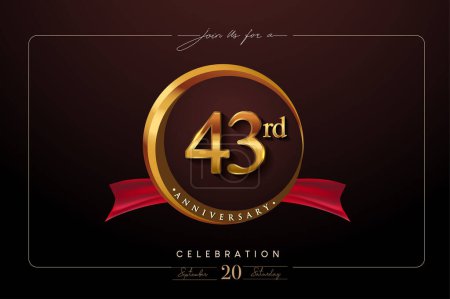 Illustration for 43rd Anniversary Logo With Golden Ring And Red Ribbon Isolated on Elegant Background, Birthday Invitation Design And Greeting Card - Royalty Free Image