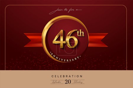 Téléchargez les illustrations : Logo du 46e anniversaire avec anneau d'or et ruban rouge isolés sur un fond élégant, conception d'invitation d'anniversaire et carte de vœux - en licence libre de droit