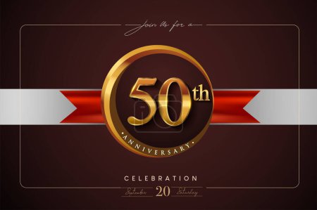 Téléchargez les illustrations : Logo du 50e anniversaire avec anneau d'or et ruban rouge isolés sur fond élégant, conception d'invitation d'anniversaire et carte de vœux - en licence libre de droit