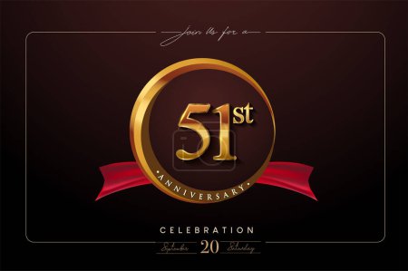 Illustration for 51st Anniversary Logo With Golden Ring And Red Ribbon Isolated on Elegant Background, Birthday Invitation Design And Greeting Card - Royalty Free Image