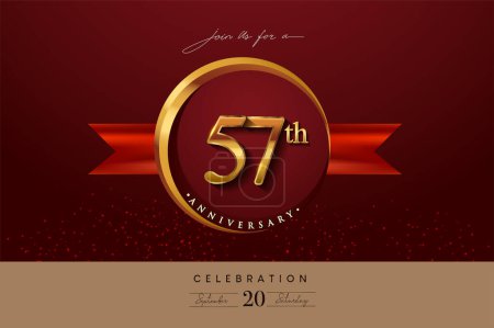 Téléchargez les illustrations : Logo du 57e anniversaire avec anneau d'or et ruban rouge isolés sur fond élégant, conception d'invitation d'anniversaire et carte de vœux - en licence libre de droit
