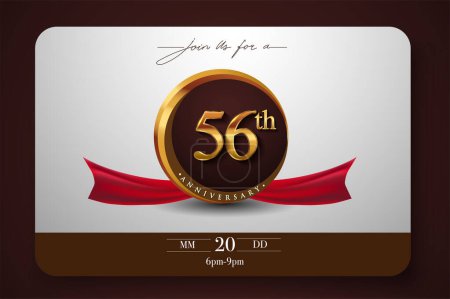 Illustration for 56th Anniversary Logo With Golden Ring And Red Ribbon Isolated on Elegant Background, Birthday Invitation Design And Greeting Card - Royalty Free Image