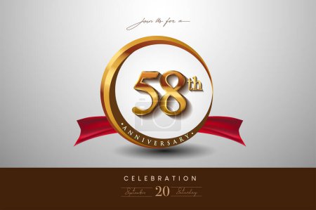58th Anniversary Logo With Golden Ring And Red Ribbon Isolated on Elegant Background, Birthday Invitation Design And Greeting Card