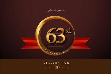 Illustration for 63rd Anniversary Logo With Golden Ring And Red Ribbon Isolated on Elegant Background, Birthday Invitation Design And Greeting Card - Royalty Free Image