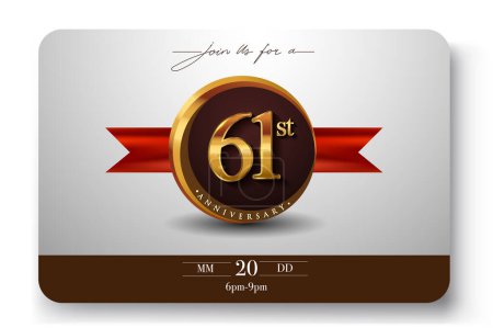 Illustration for 61st Anniversary Logo With Golden Ring And Red Ribbon Isolated on Elegant Background, Birthday Invitation Design And Greeting Card - Royalty Free Image